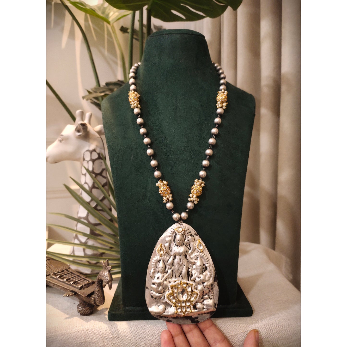 Beautiful Designer Thappa Work Pendant With Kundan Detailing Long Ball Chain Necklace