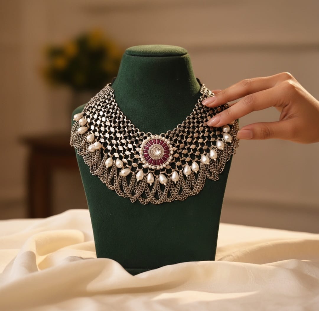 Beautiful Designer Kempstone Detailing Jaal Patta Neckpiece With Pearl And Chain Latkan