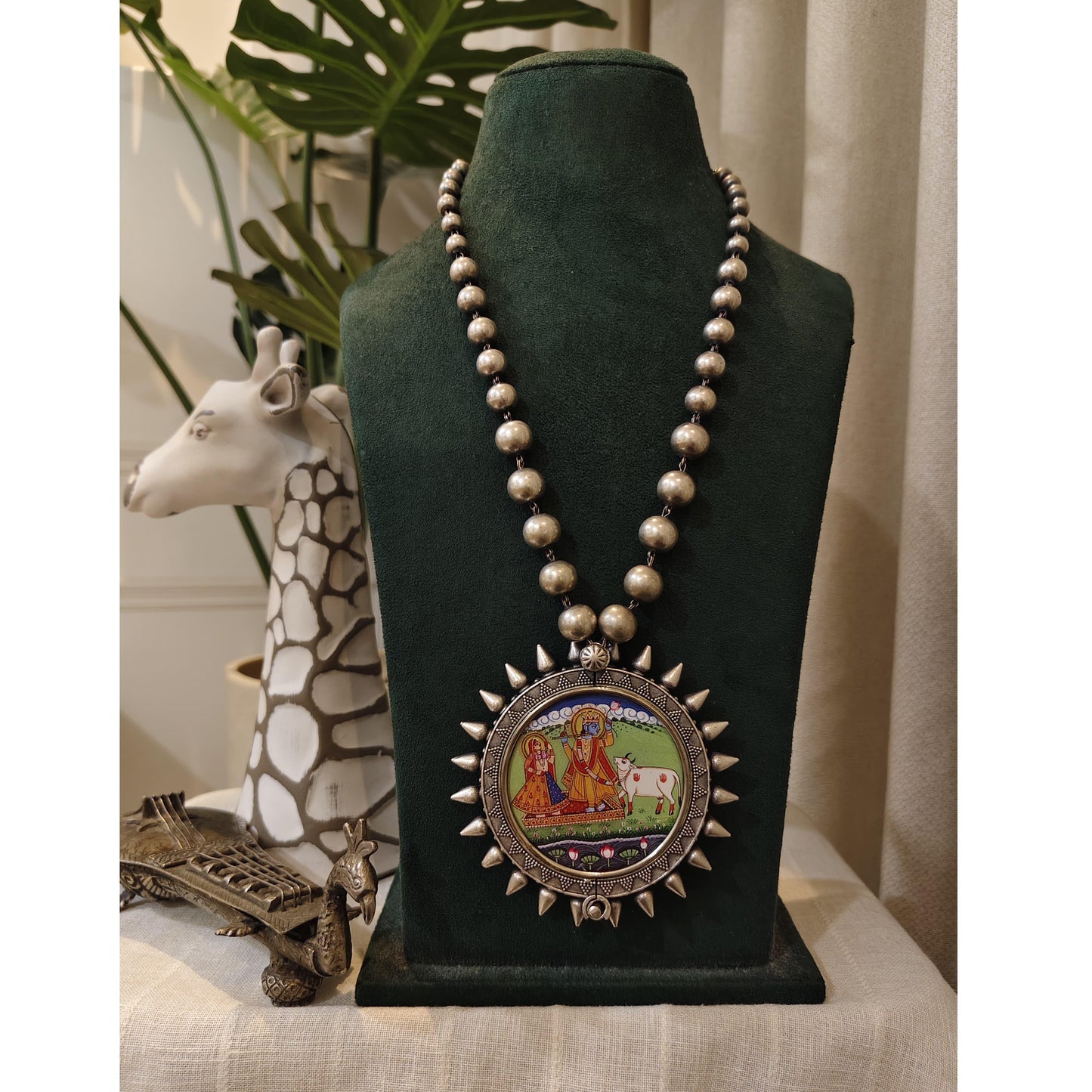 Beautiful Designer Painting Pendant Long Ball Chain Necklace