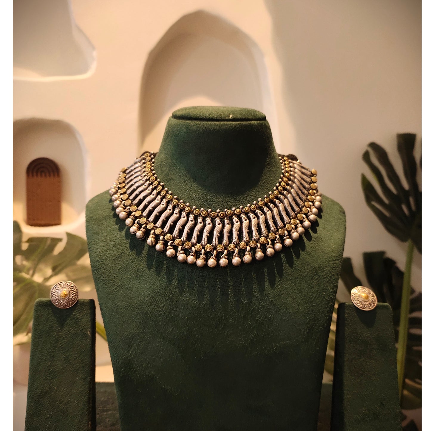 Beautiful Designer Dual Tone Peacock Neckpiece With Earrings