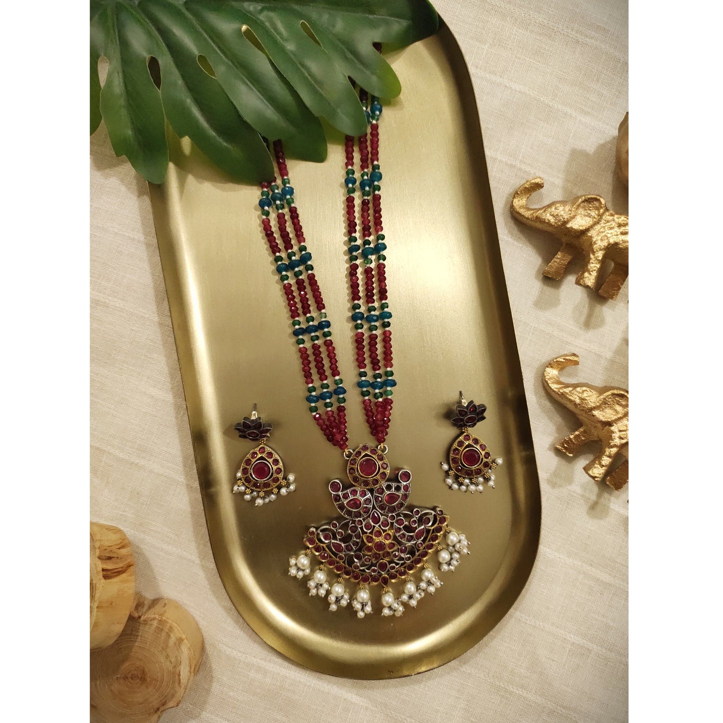 Beautiful Designer Stone Embedded Dual Tone Necklace With Earrings