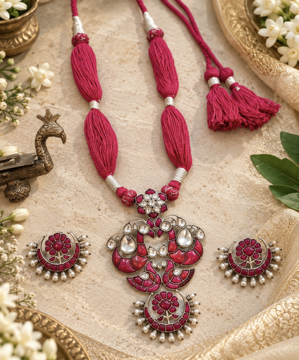 Beautiful Designer Kempstone Peacock Pendant Necklace With Earrings