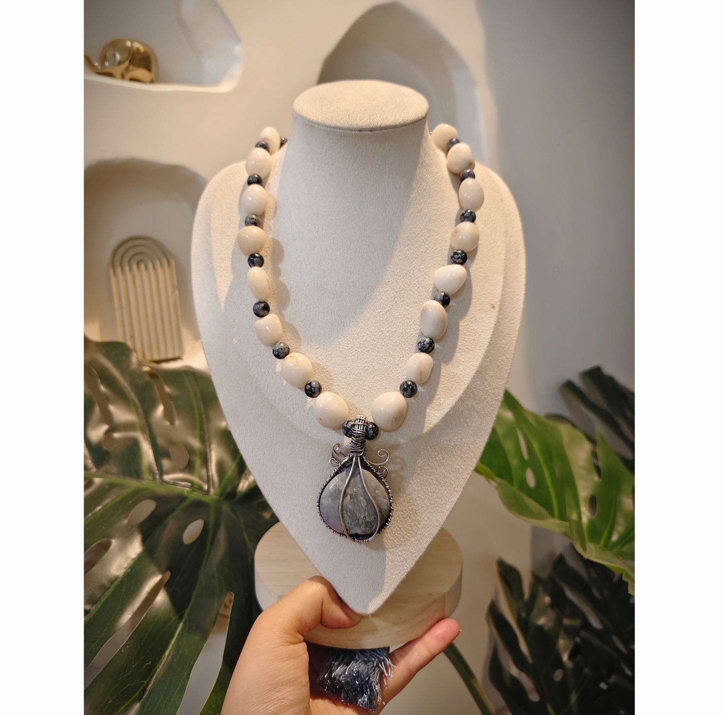 Beautiful Designer Natural Stone Pendant With Natural Dumbles Mala Necklace (pendant a little different)