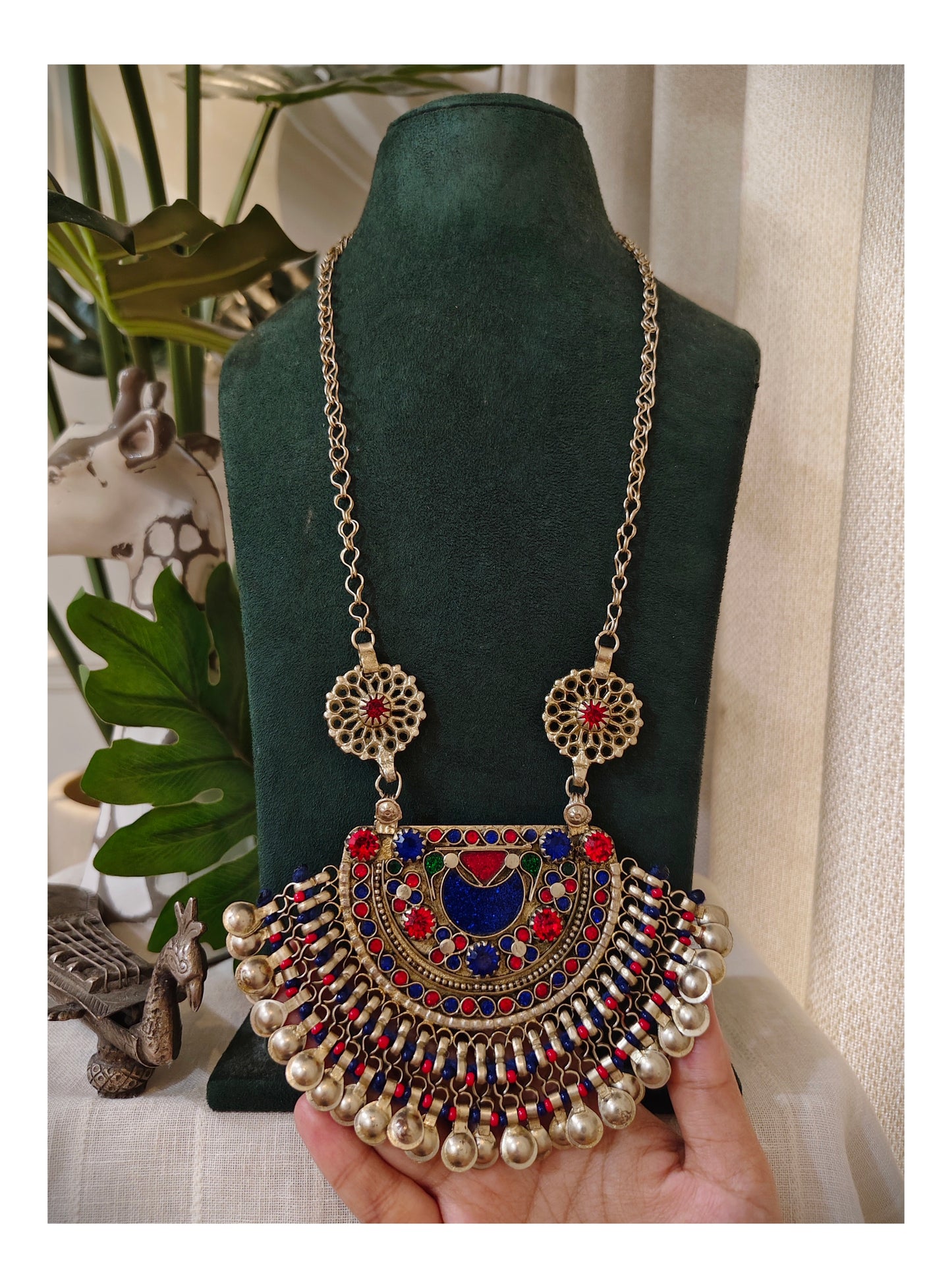 Beautiful Vintage Afghani Chaand Stone Embedded Pendant Necklace