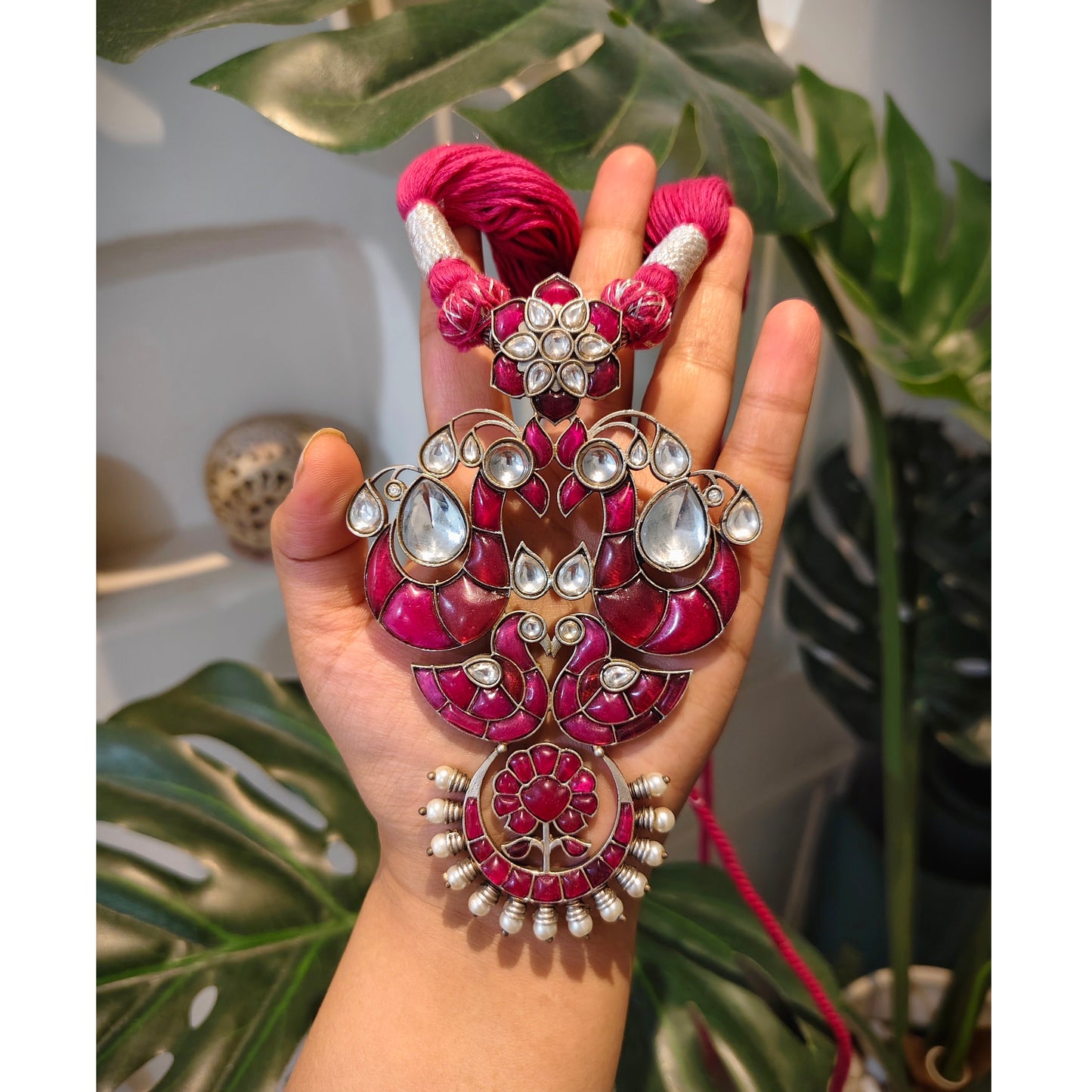 Beautiful Designer Kempstone Big Size Pendant Necklace With Earrings & Handmade Open Dori