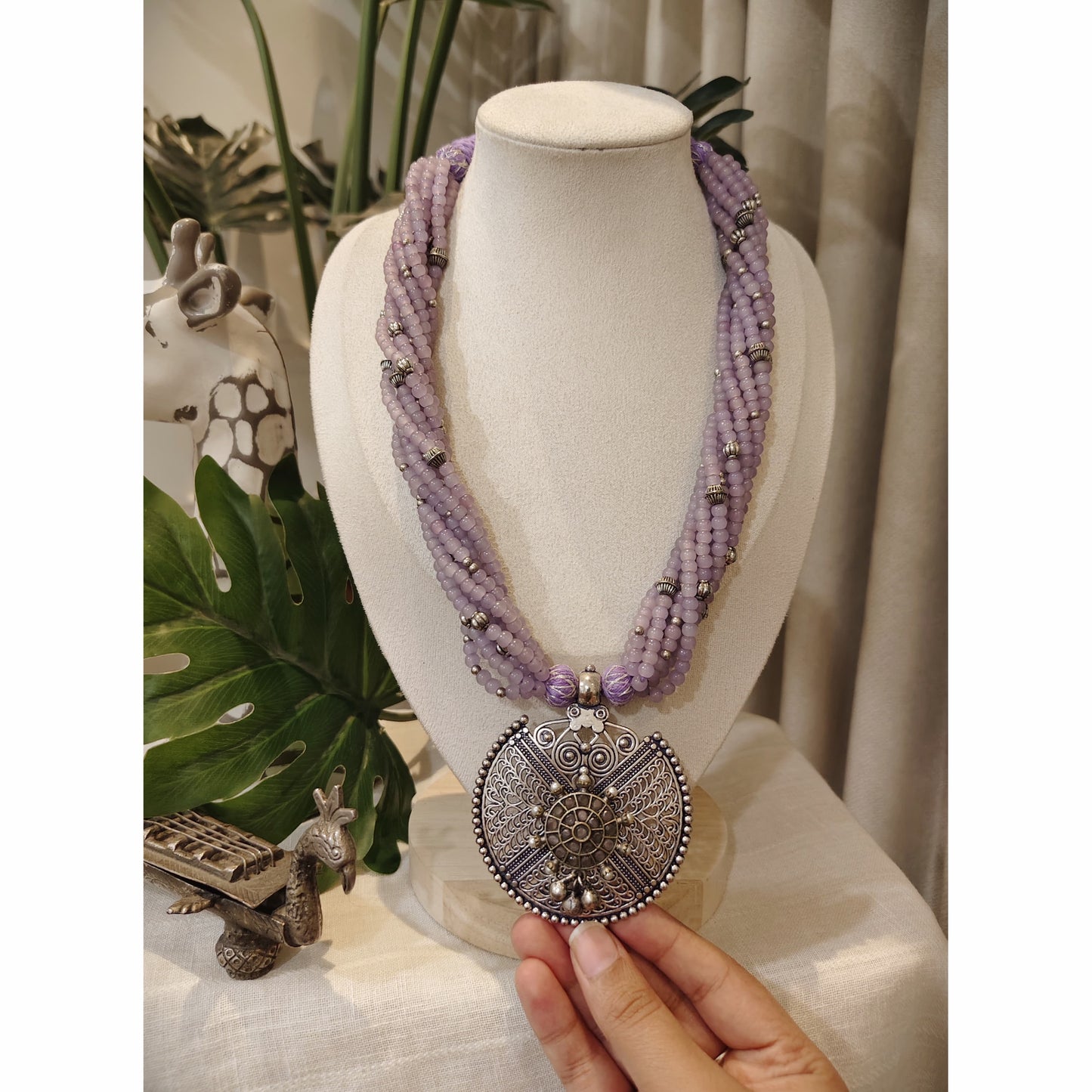 Beautiful Designer Stone Embedded Pendant With Twisted Beaded Mala Necklace