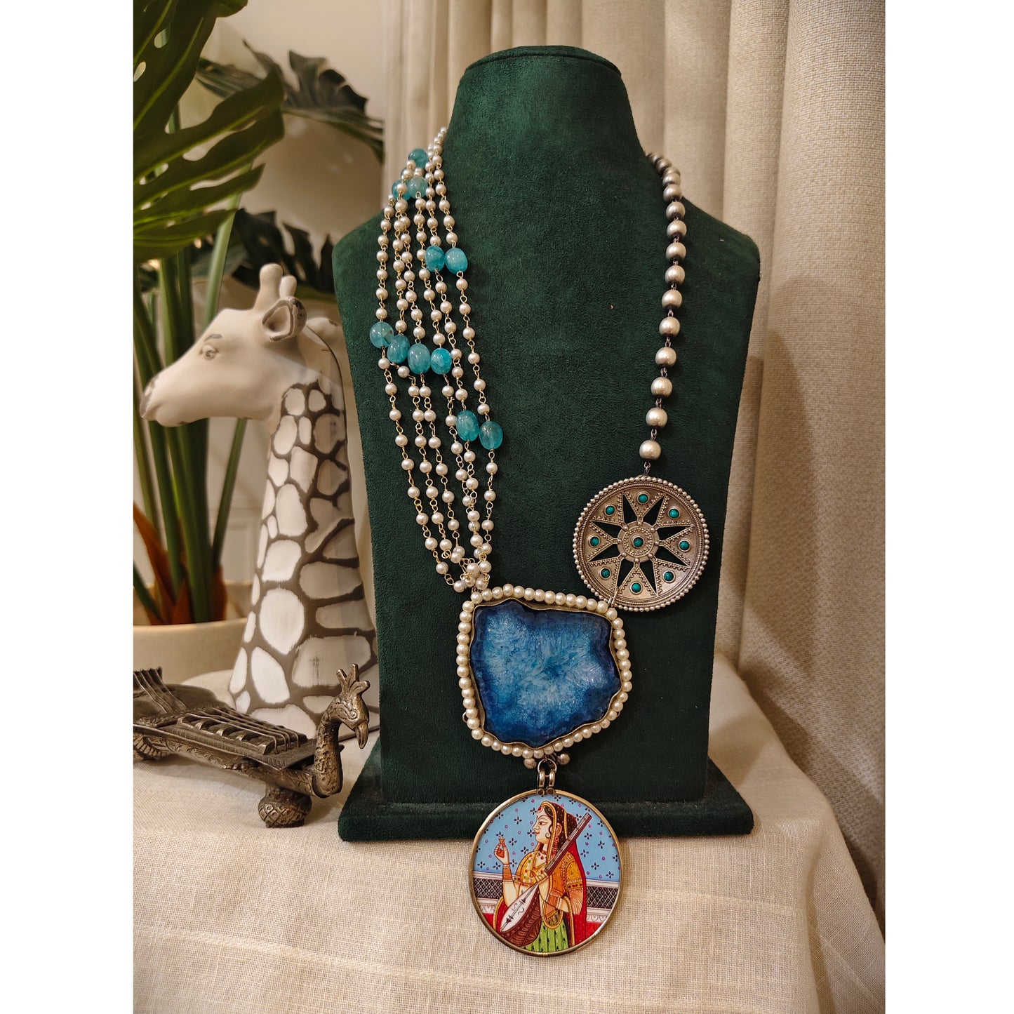 Beautiful Designer Painting & Natural Stone Pendant Stylish Mala Long Necklace
