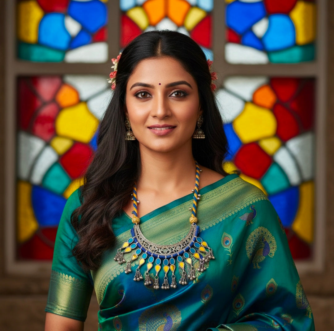 Beautiful Designer Chaand With Glass Pcs Latkan And Handmade Ghungroo Duo Color Dori Long Necklace (no earrings)