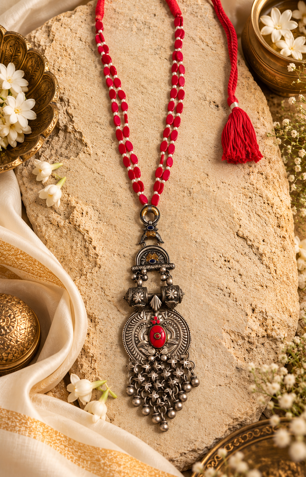 Beautiful Designer Dual Tone Long Fusion Pendant Necklace With Coral Beads Mala Necklace