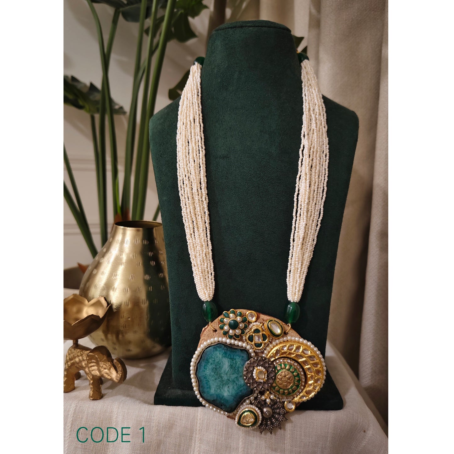 Beautiful Designer Wooden Kundan Detailing Pendant Long Necklace