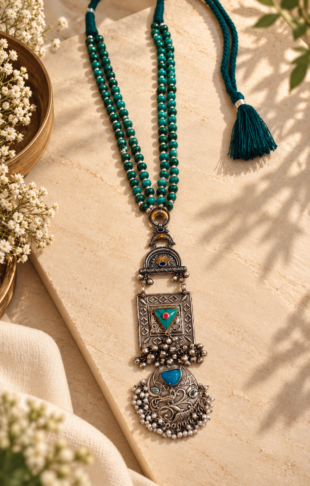 Beautiful Designer Stone Embedded Dual Tone Long Pendant Necklace