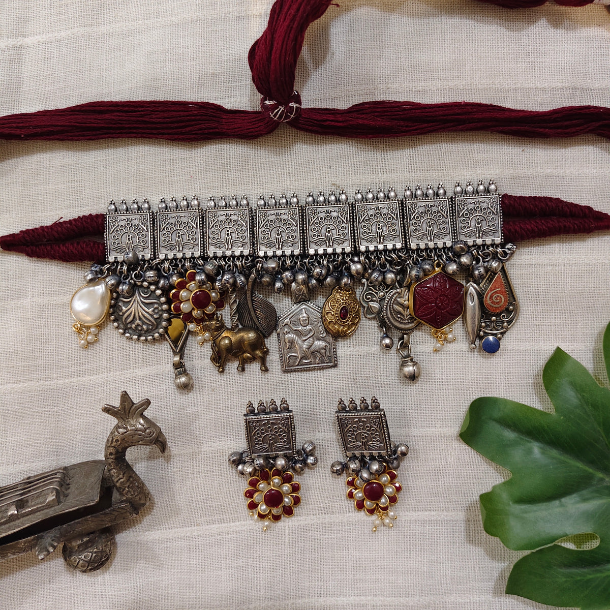 Beautiful Designer Charms Mix Statement Choker With Earrings