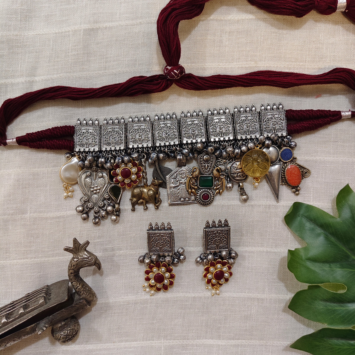 Beautiful Designer Charms Mix Statement Choker With Earrings