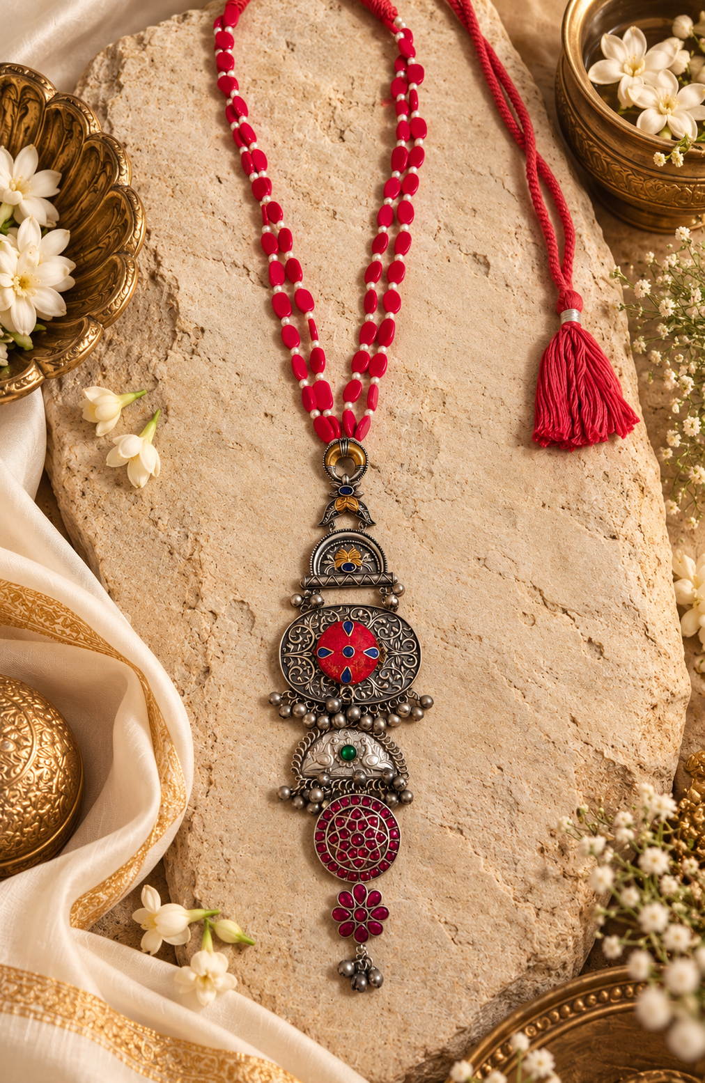 Beautiful Designer Dual Tone Long Fusion Pendant Necklace With Coral Beads Mala Necklace