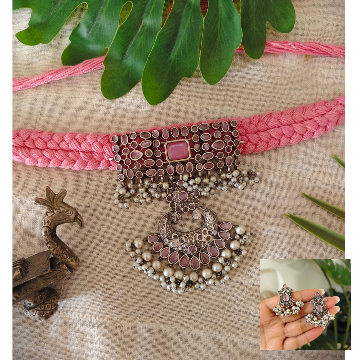 Beautiful Designer Stone Embedded Pendant Choker With Earrings