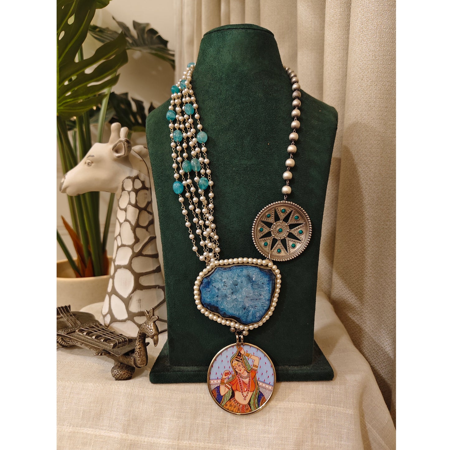 Beautiful Designer Painting & Natural Stone Pendant Stylish Mala Long Necklace