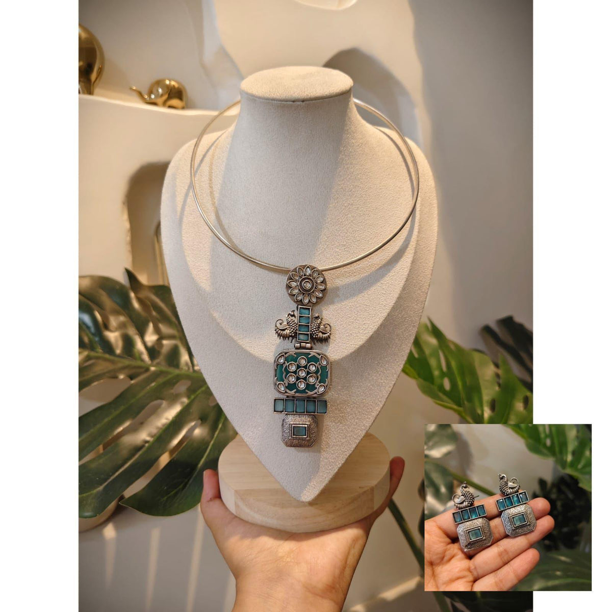 Beautiful Designer Stone Embedded Long Pendant Hasli With Earrings