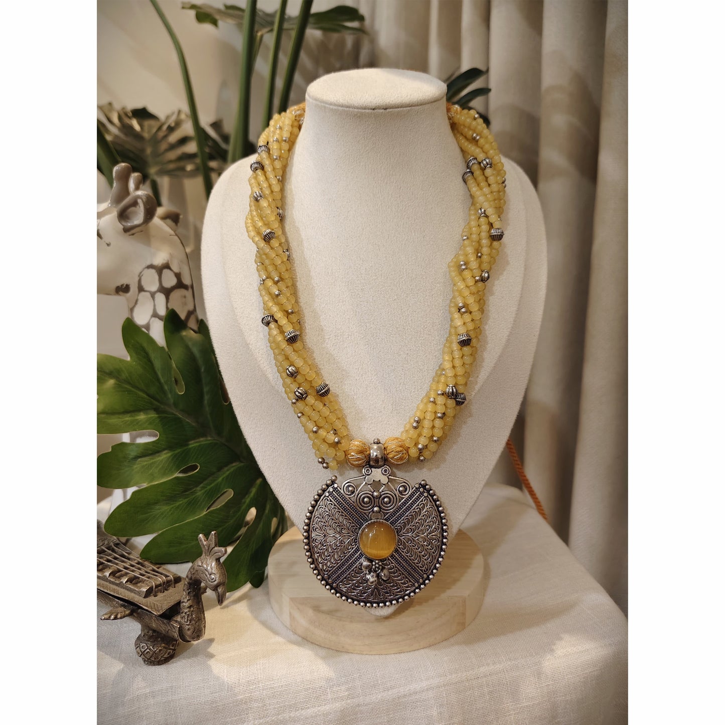 Beautiful Designer Stone Embedded Pendant With Twisted Beaded Mala Necklace