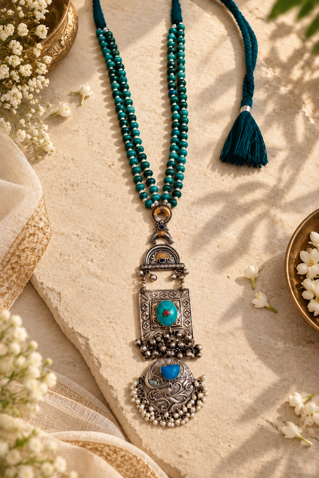 Beautiful Designer Stone Embedded Dual Tone Long Pendant Necklace
