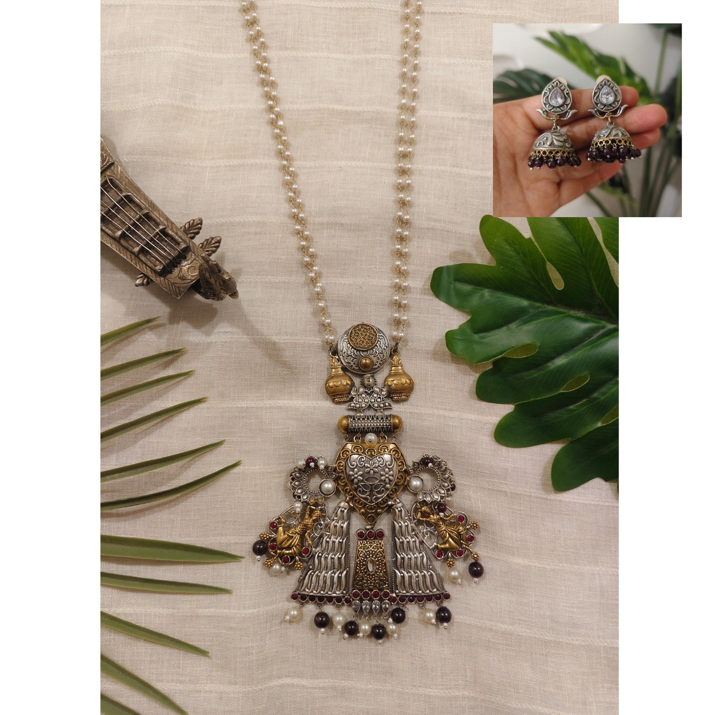 Beautiful Designer Dual Tone Fusion Pendant Necklace With Earrings