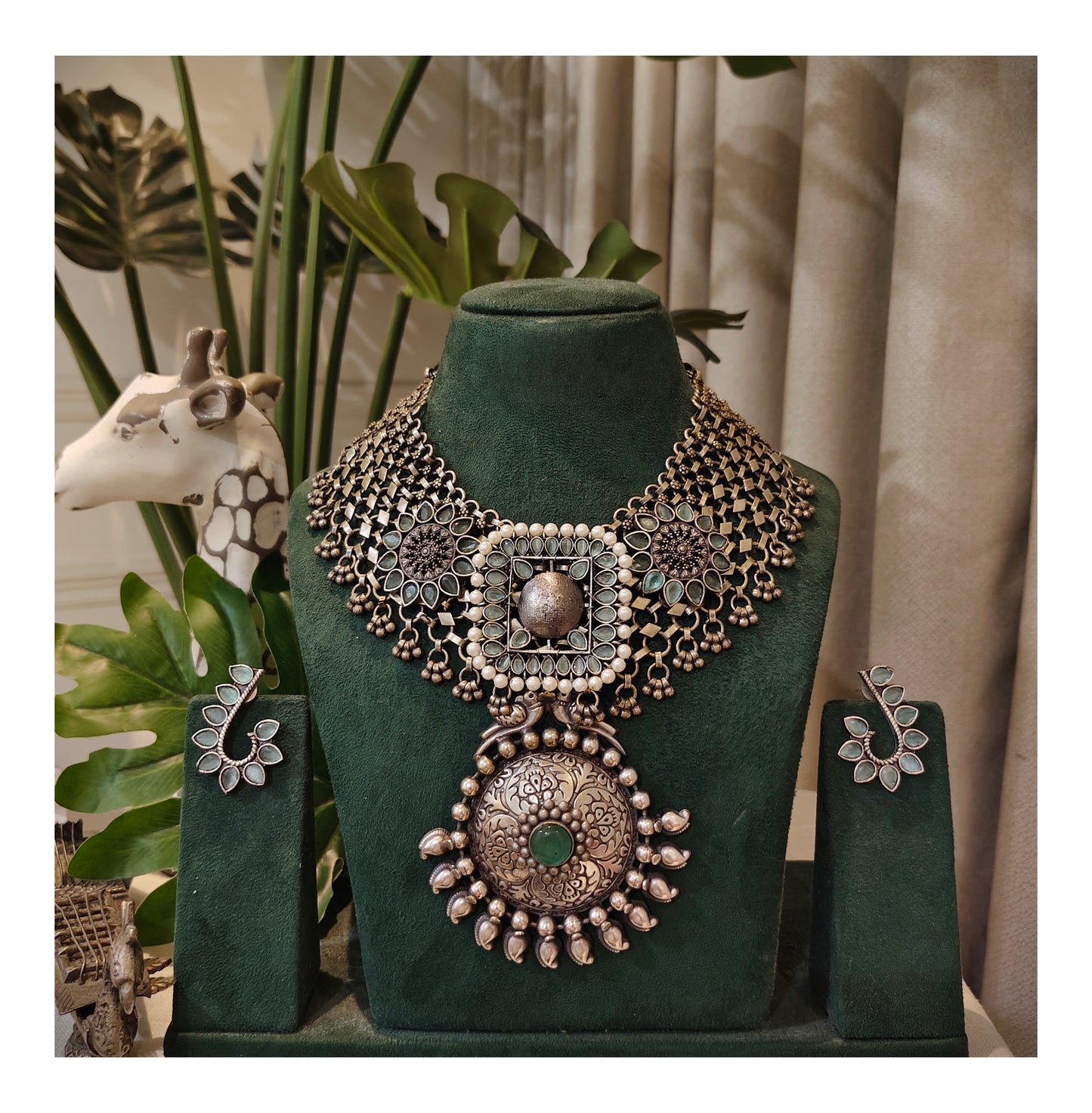 Beautiful Designer Stone Embedded Pendant With Silver Golden Antique Polish Jaal Neckpiece And Earrings