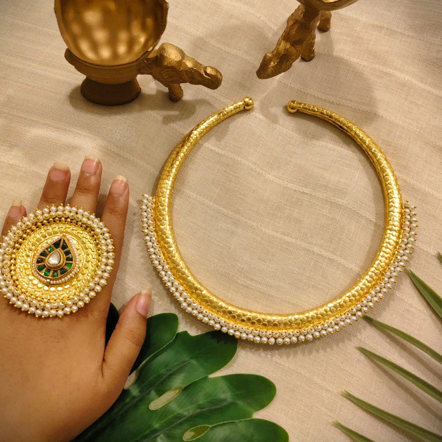 Beautiful Designer Golden Hasli With Moti Work and Matching Ring