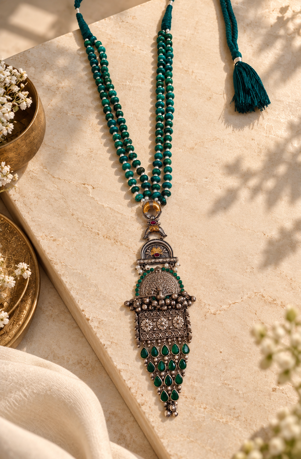 Beautiful Designer Stone Embedded Dual Tone Long Pendant Necklace