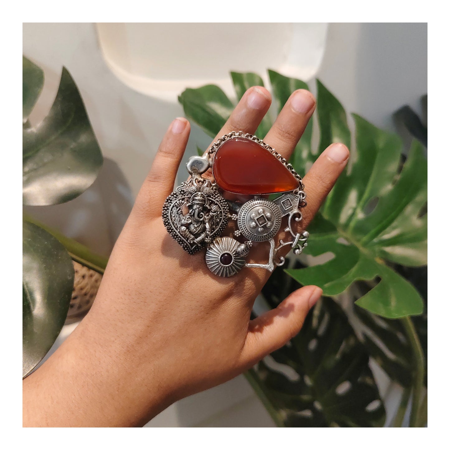 Beautiful Designer Stone Embedded Fusion Adjustable Ring