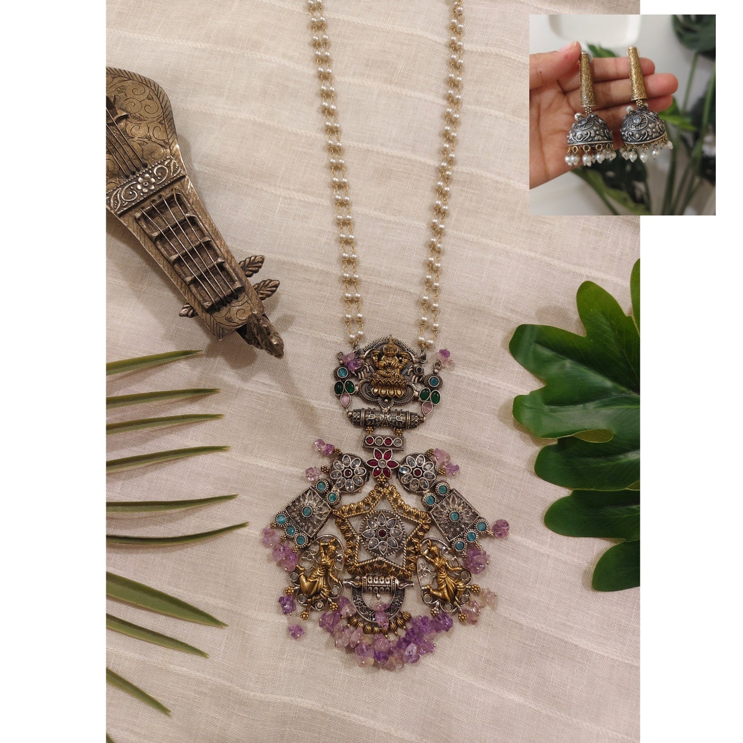 Beautiful Designer Dual Tone Fusion Pendant Necklace With Earrings