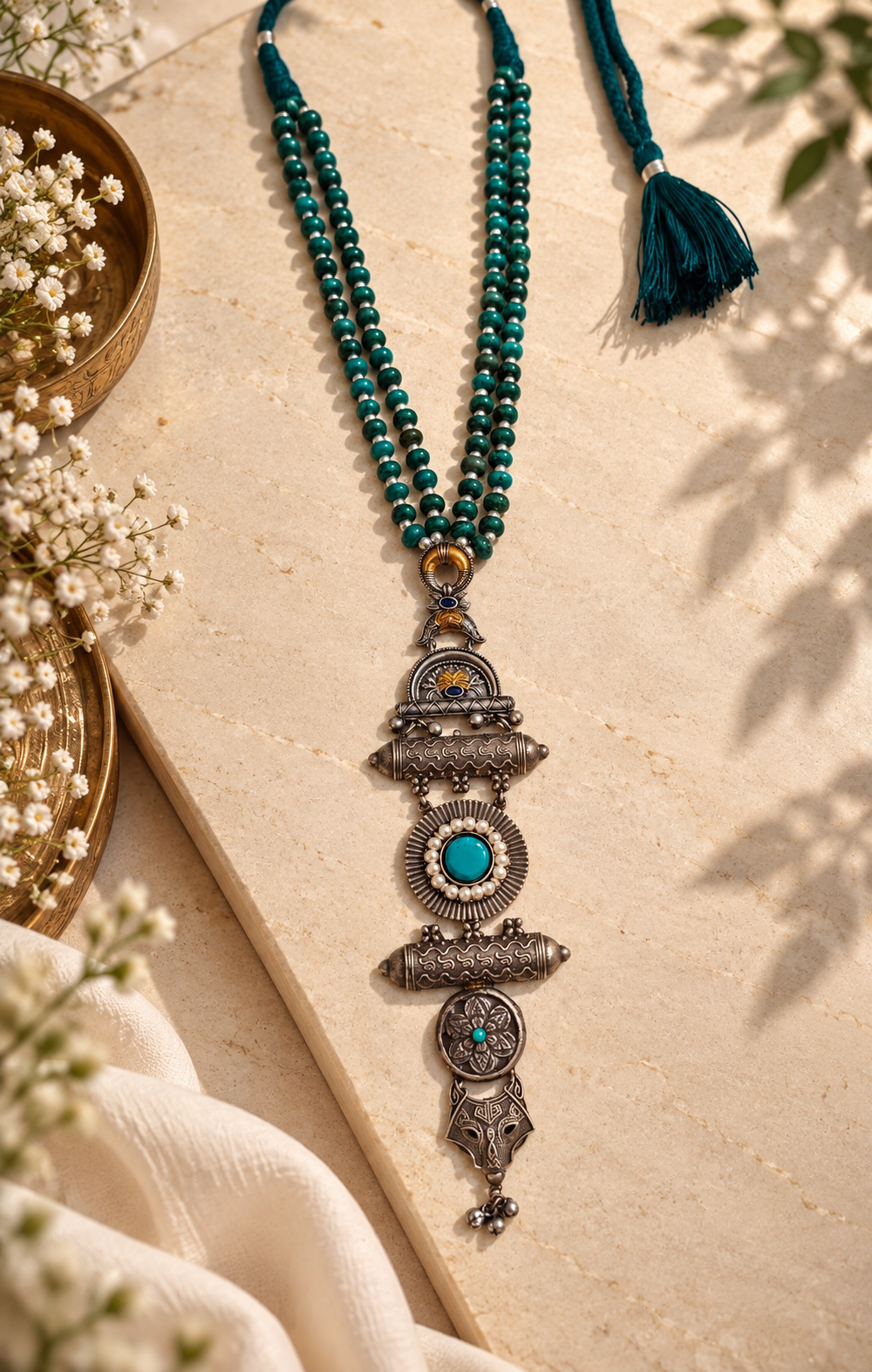 Beautiful Designer Stone Embedded Dual Tone Long Pendant Necklace