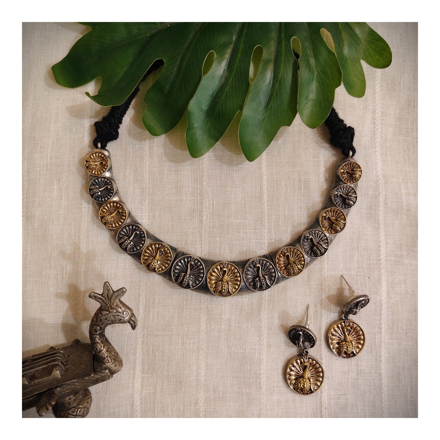 Beautiful Designer Peacock Dual Tone Neckpiece With Earrings