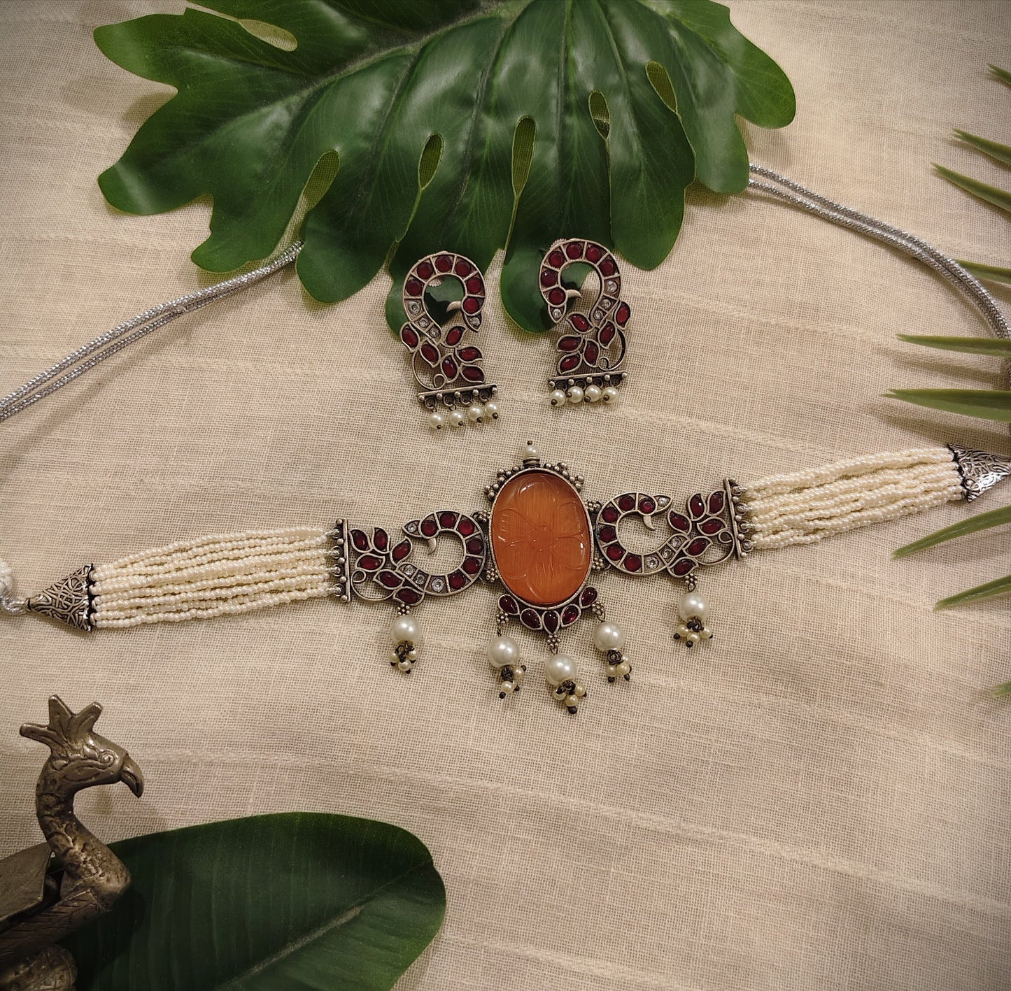 Beautiful Designer Stone Embedded Peacock Choker With Earrings