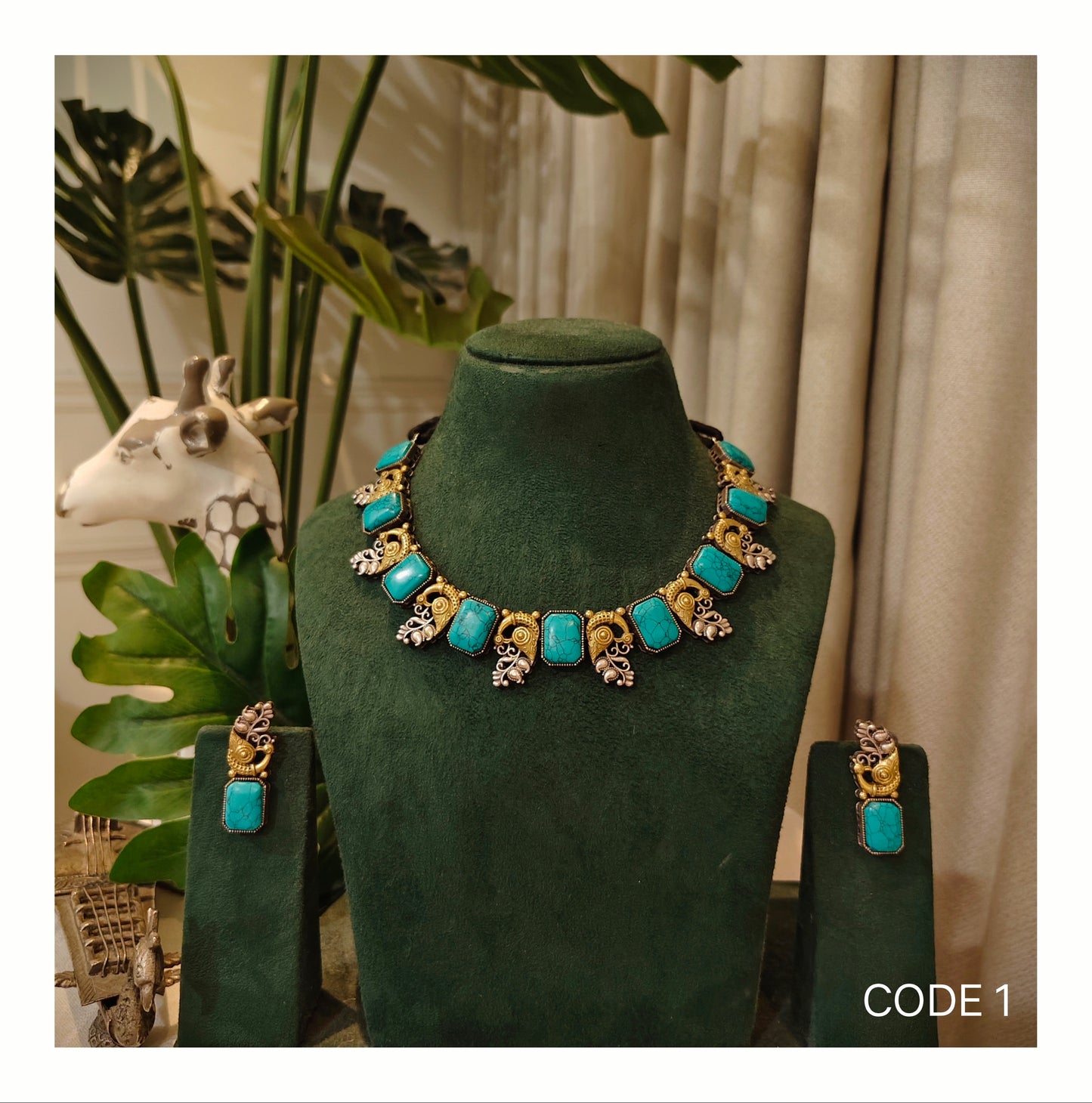 Beautiful Designer Firoza Dual Tone Neckpiece With Earrings