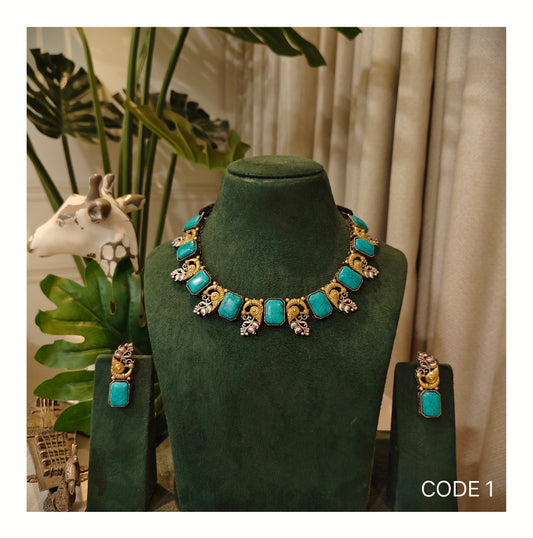 Beautiful Designer Firoza Dual Tone Neckpiece With (earrings different design)