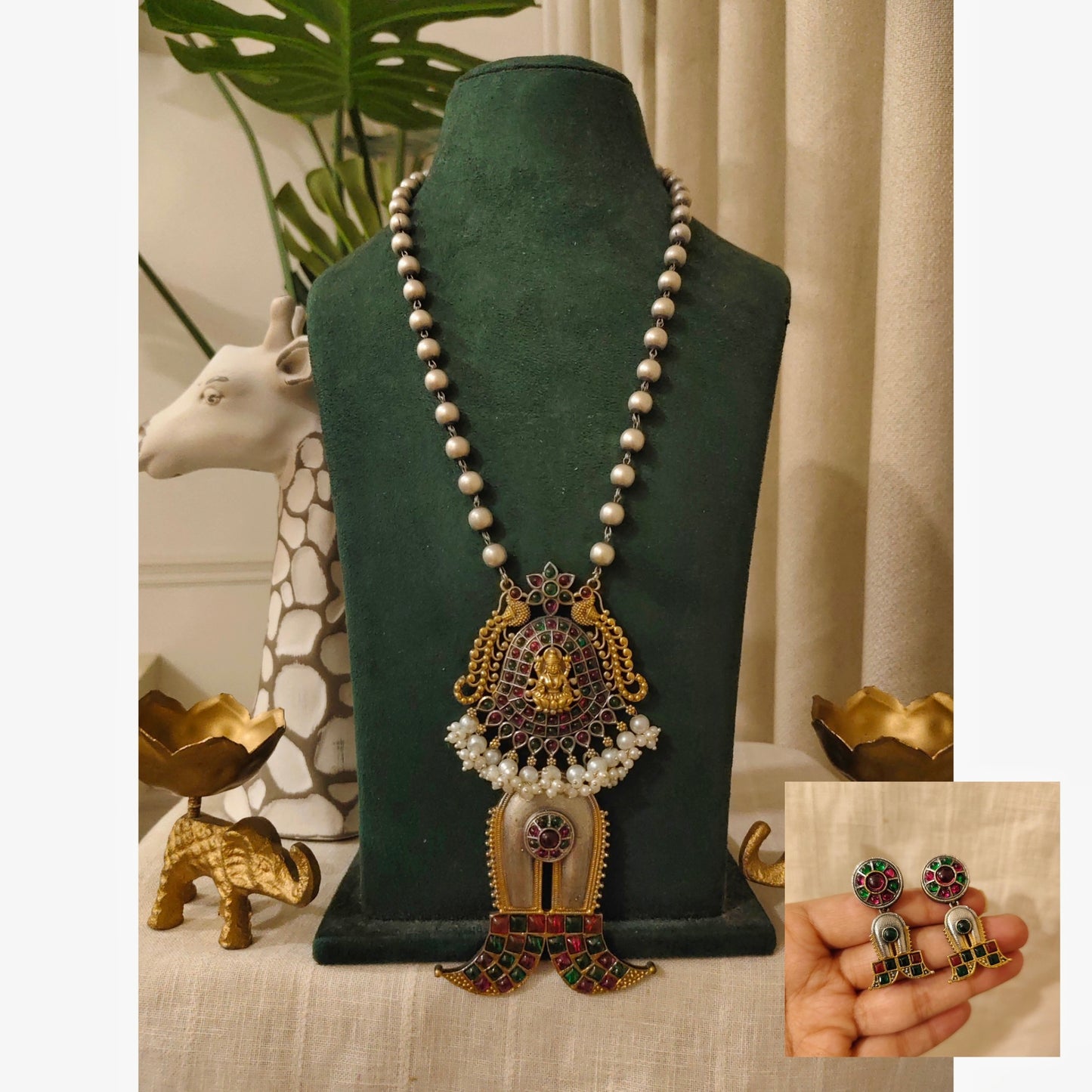 Beautiful Designer Dual Tone Stone Embedded Pendant Necklace With Earrings