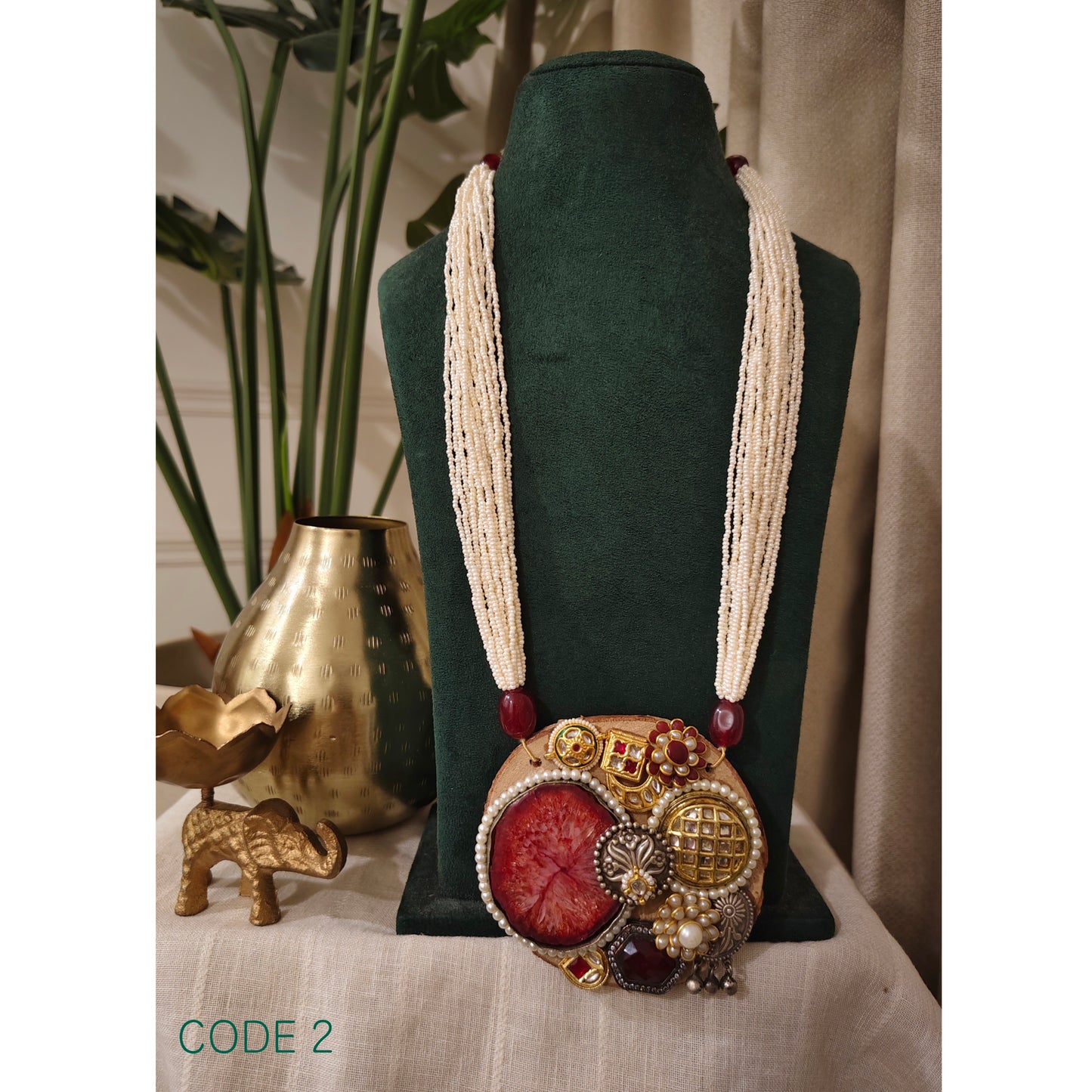 Beautiful Designer Wooden Kundan Detailing Pendant Long Necklace