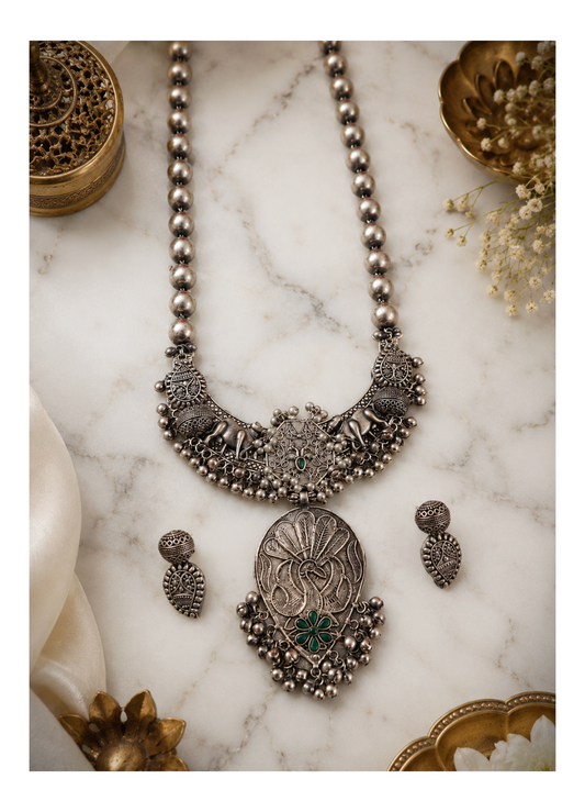 Beautiful Designer Fusion Chaand Pendant Long Ball Chain Necklace With Earrings