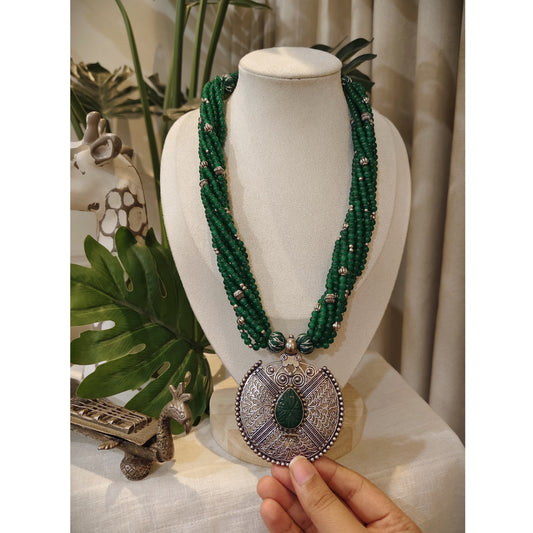 Beautiful Designer Stone Embedded Pendant With Twisted Beaded Mala Necklace