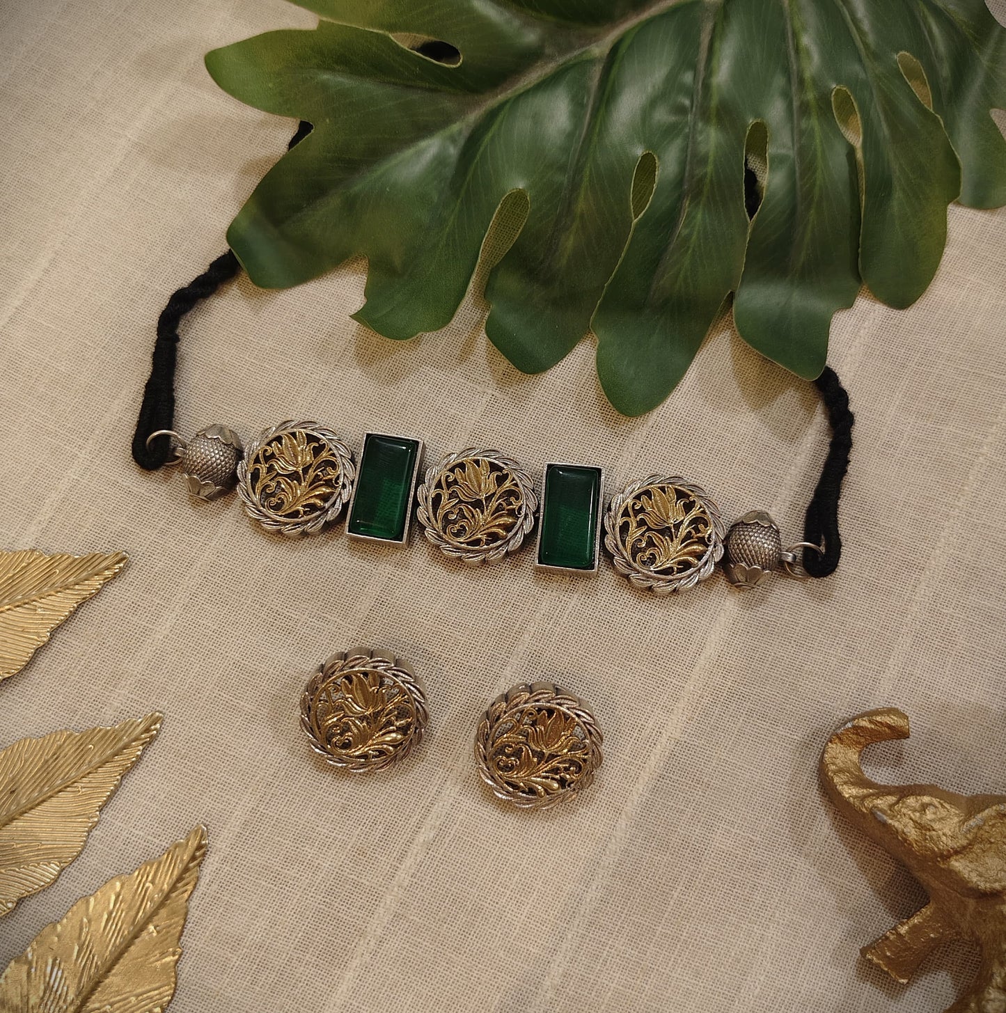 Beautiful Designer Stone Embedded Dual Tone Choker With Earrings