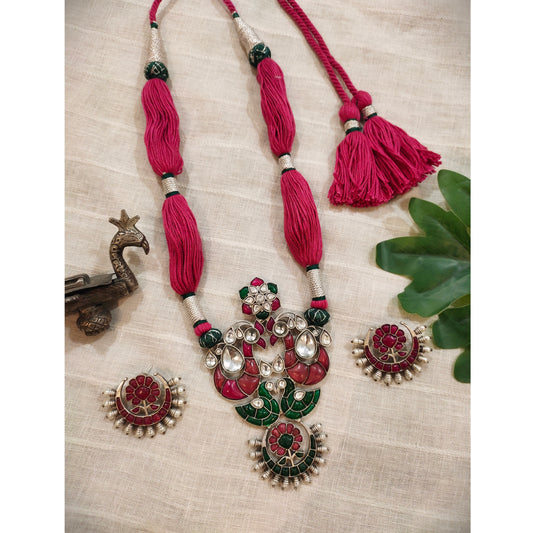 Beautiful Designer Kempstone Big Size Pendant Necklace With Earrings & Handmade Open Dori