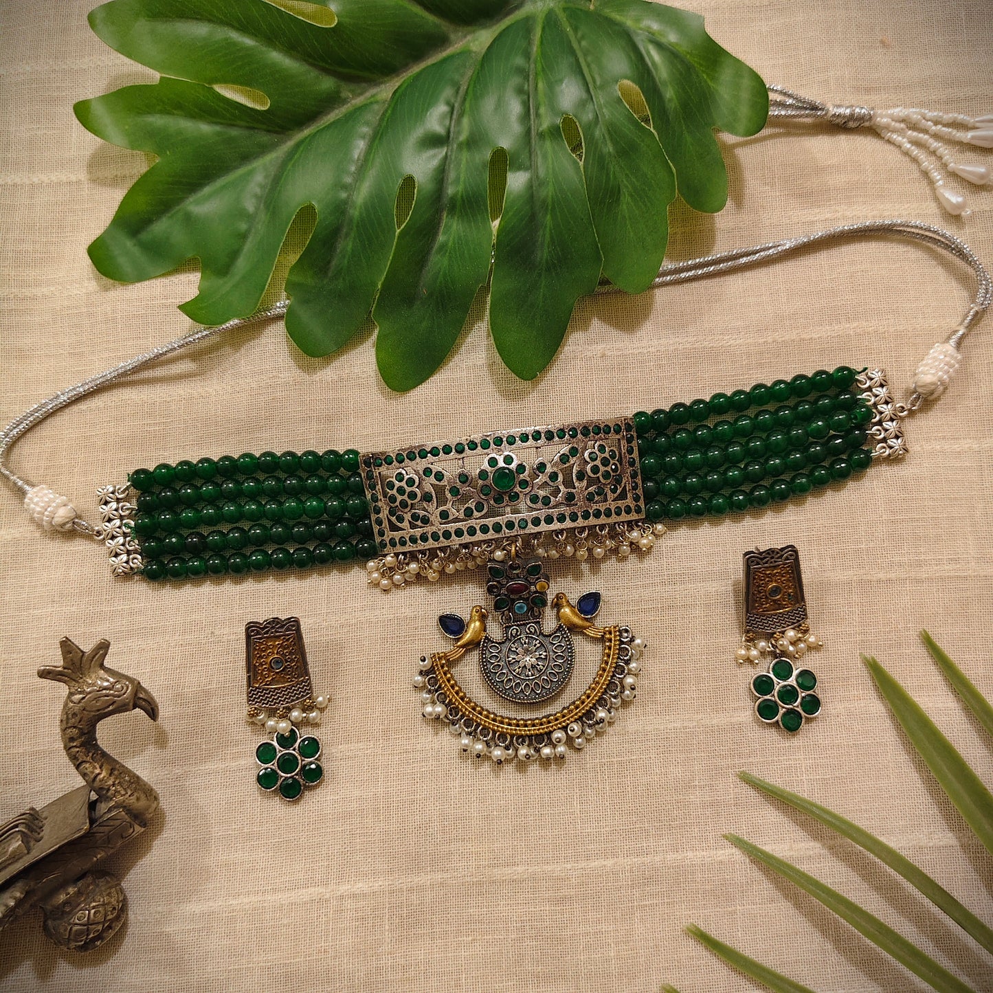 Beautiful Designer Stone Embedded Choker With Dual Tone Pendant And Beaded Multiple Lines (FREE EARRINGS)