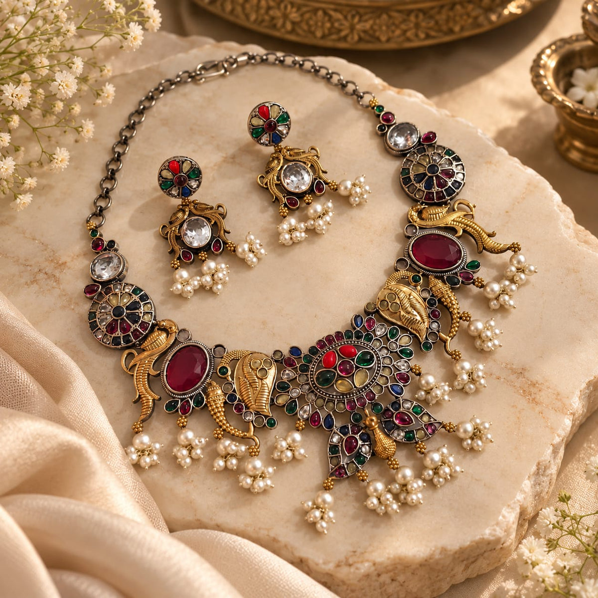 Beautiful Designer Stone Embedded Dual Tone Neckpiece With Earrings
