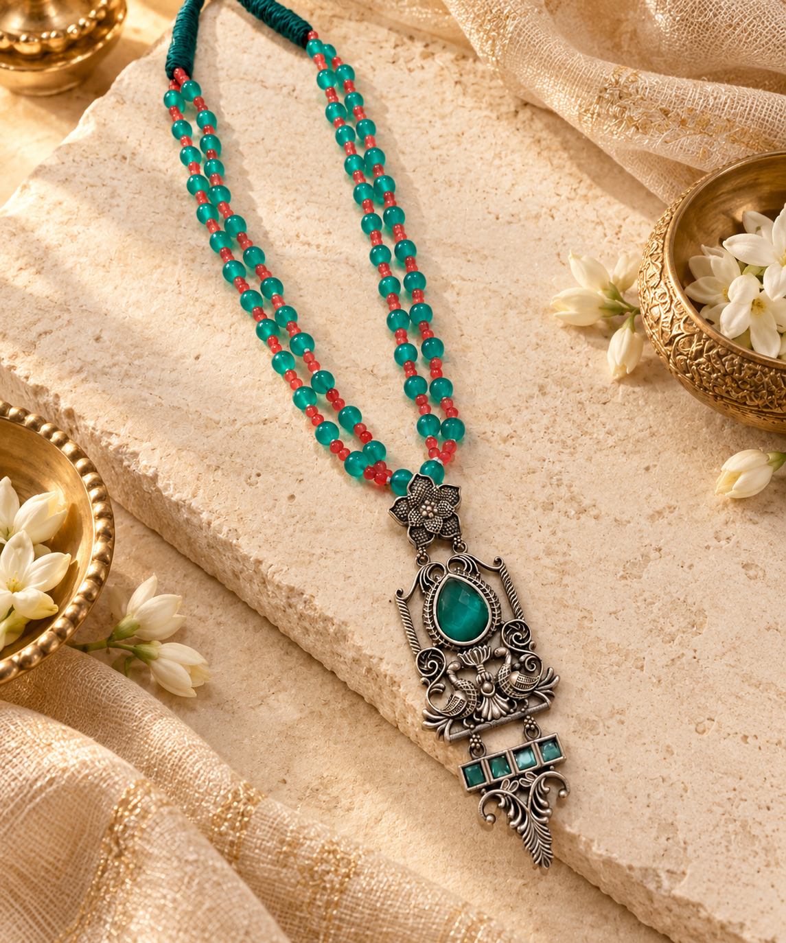 Beautiful Designer Stone Embedded Peacock Pendant Beaded Necklace