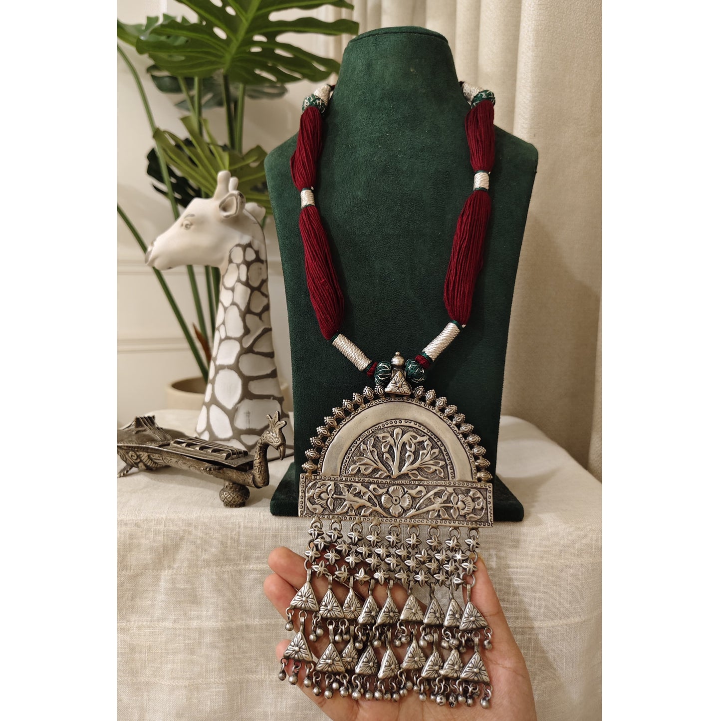Beautiful Designer Huge Brass Statement Pendant Long Handmade Dori Necklace
