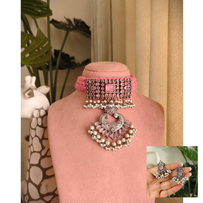 Beautiful Designer Stone Embedded Pendant Choker With Earrings
