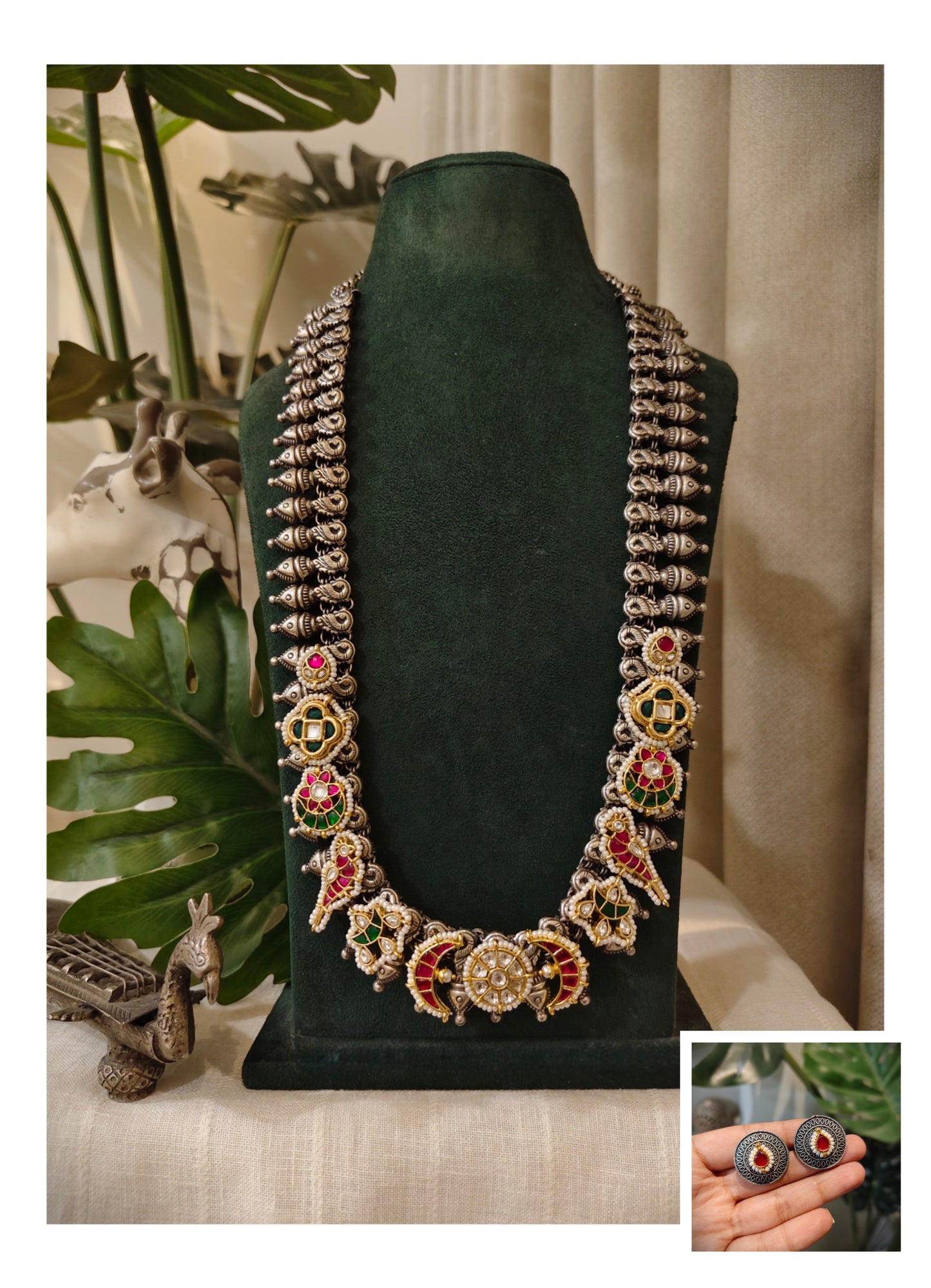Beautiful Designer Ahmedabadi Pachhi Kundan Detailing Long Necklace With Earrings
