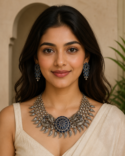 Beautiful Designer Stone Embedded Jaal Neckpiece With Earrings