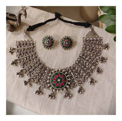 Beautiful Designer Kempstone Detailing Jaal Patta Neckpiece With Earrings