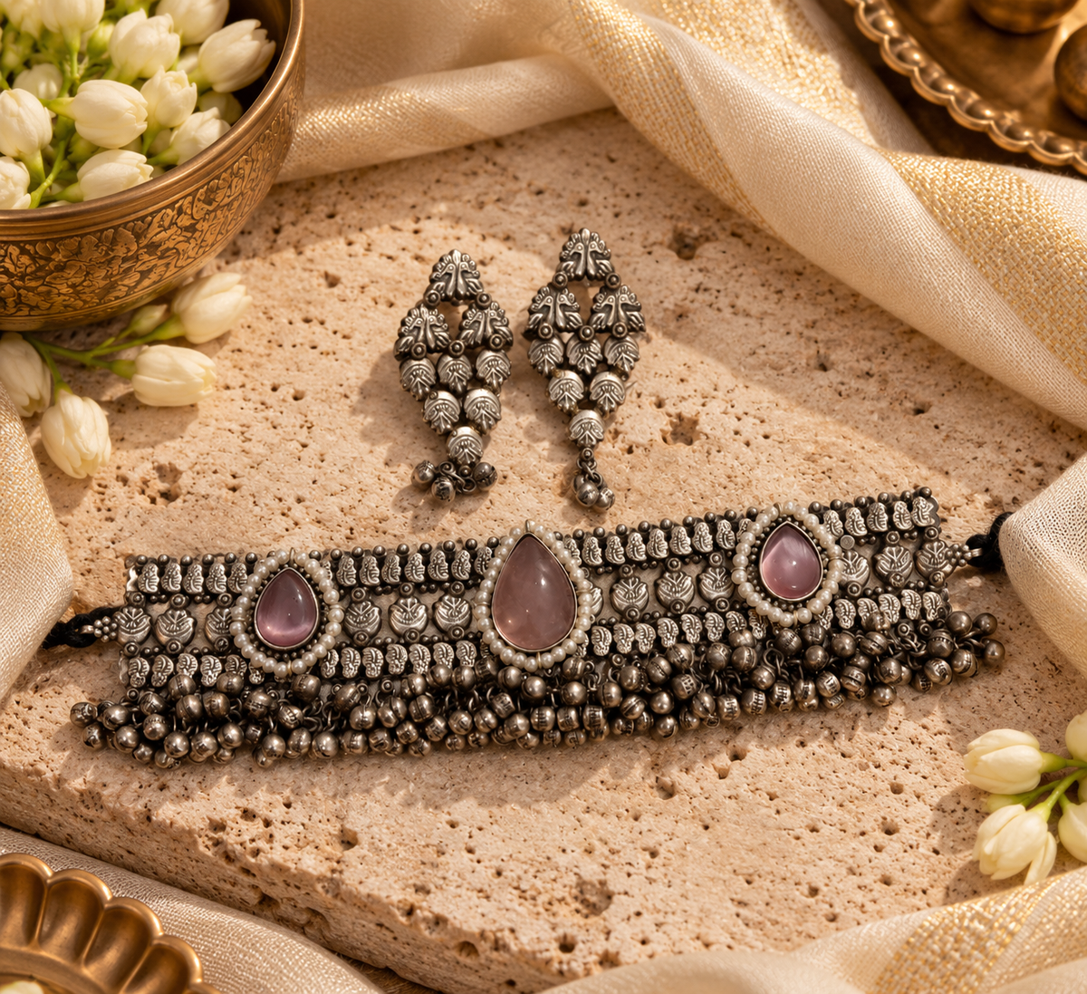 Beautiful Designer Stone Embedded Choker With Earrings