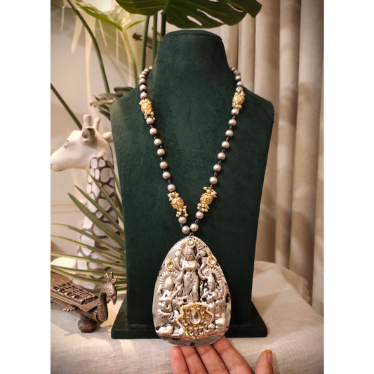 Beautiful Designer Thappa Work Pendant With Kundan Detailing Long Ball Chain Necklace